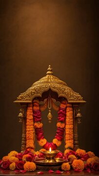 Guru Granth Sahib Prakash Vertical Garland Marigold Roses and Golden Canopy