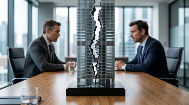 Two business professionals sit across a table with a miniature building model split in half, symbolizing corporate division.
