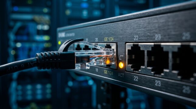 Close up of an ethernet cable plugged into a network switch port with a blinking amber light.
