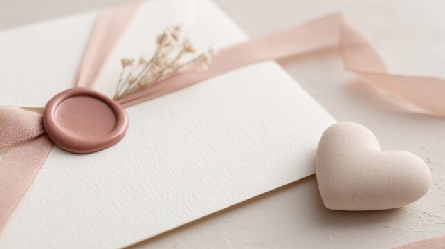 Minimal elegant wedding invitation flatlay with rose gold wax seal and ribbon for wedding card invitation background and romantic stationery design