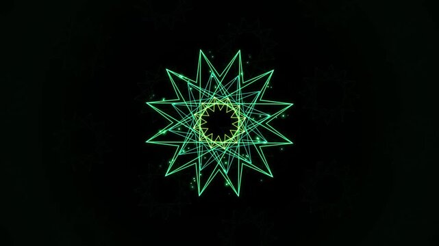 Geometric Starbursts Pulsating with Green Light on Black Background Abstract Motion