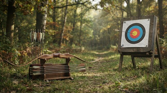 Archery bow and arrow set with a target in a green forest setting for outdoor sports and recreational shooting practice
