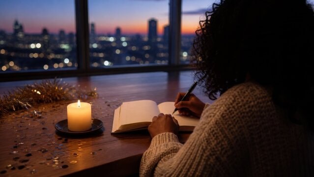 A person journaling beside a candle after the celebration with pages turned away, tactile contextual close detail, for holiday campaigns