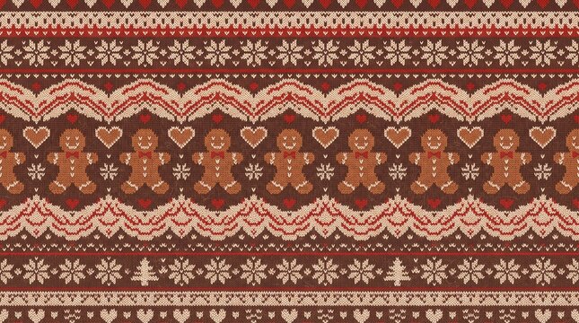 Christmas Fair Isle textile pattern with gingerbread men and snowflakes on red background