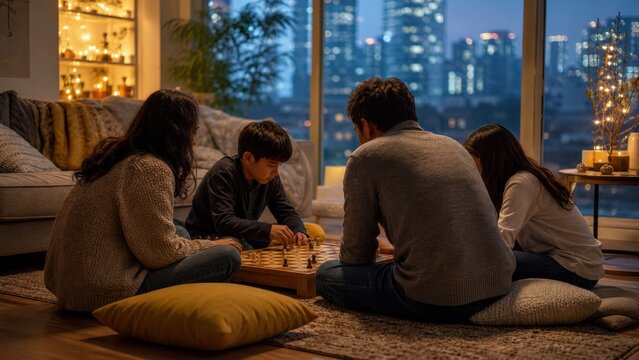 A family playing a wooden board game while waiting for midnight, candid medium action view, for cultural education and community campaigns