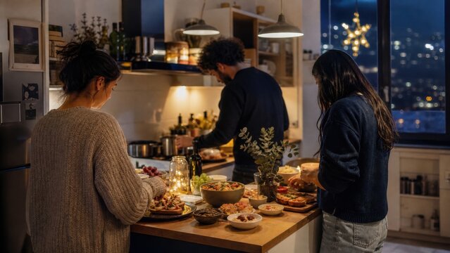 A group of roommates preparing small appetizers in a compact kitchen for a home celebration, candid medium action view, for holiday campaigns