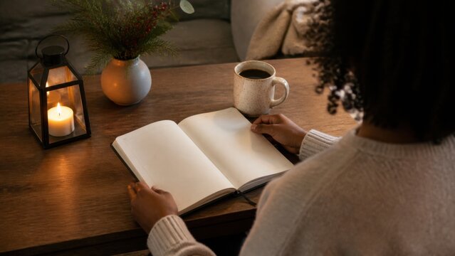 A young adult opening a fresh blank planner beside morning coffee on New Year's Day, overhead editorial flat lay, for seasonal stock use