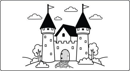 Fototapeta premium Cute Cartoon Fairytale Castle with Royal Towers Flags Gate and Clouds Outlined Black and White Vector Illustration for Kids Coloring Page