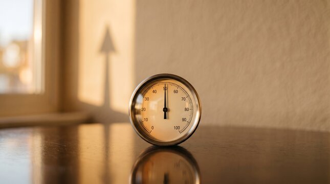 A Close-up of a Thermometer in Warm Light: A detailed shot of a thermometer measuring the temperature, with warm sunlight casting a long shadow on the wall in the background.