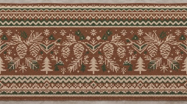 Christmas Fair Isle textile pattern with pine cones and fir trees on rustic brown fabric.