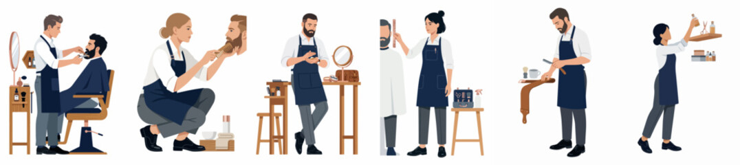 Obraz premium Professional barbers and hairstylists providing grooming services in a modern salon, featuring male and female stylists at work on a white background.