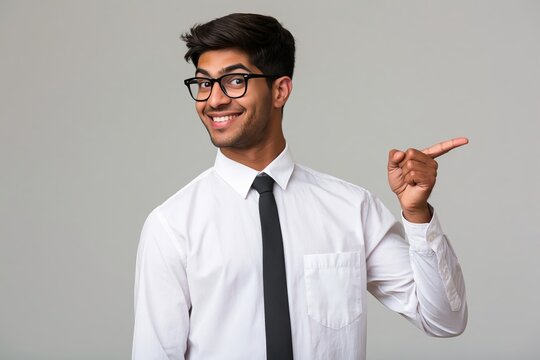 Young south asian businessman wearing glasses and pointing to the side against a grey background