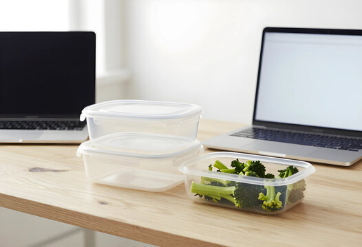 Healthy meal prep and remote work balance, fresh broccoli in plastic food container on office desk with laptops for nutrition and wellness lifestyle
