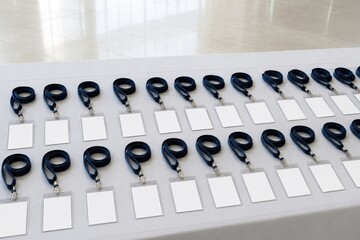 Fototapeta premium Blank name badges and lanyards on a conference table