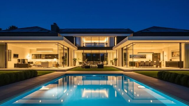 Luxury Modern House with Illuminated Pool at Night.