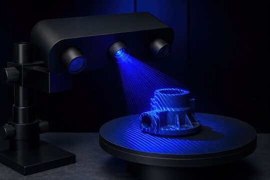 Blue light 3D scanner projecting stripes onto a small object