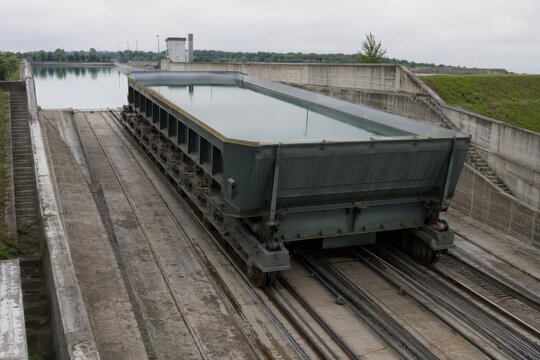 Inclined boat lift carrying a caisson up a steep concrete slope