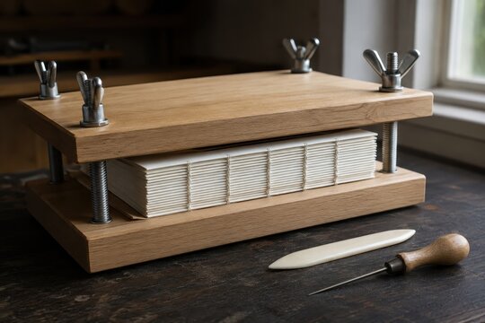 Bookbinding press holding sewn signatures on a bench