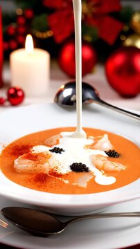 Gourmet Creamy Shrimp Bisque Poured with Fresh Cream and Caviar Garnish for an Elegant Christmas Holiday Dinner Table Setting