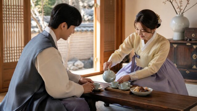 A young Korean couple wearing understated hanbok while preparing tea, wide environmental commercial view, for commercial stock use