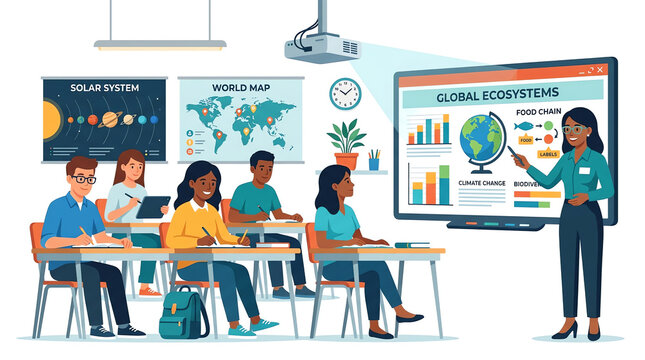 Teacher giving a science presentation to a diverse group of students