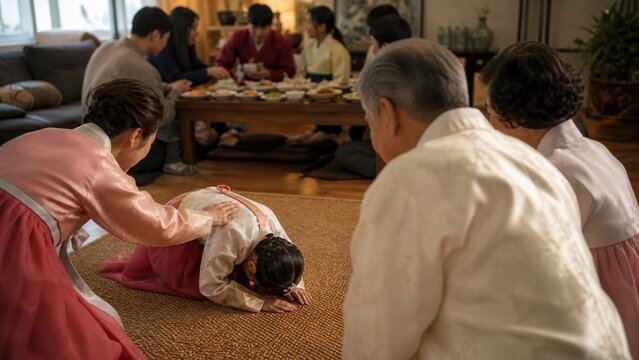 A child practicing a respectful sebae bow to grandparents under adult guidance, panoramic commercial banner view, for seasonal stock use