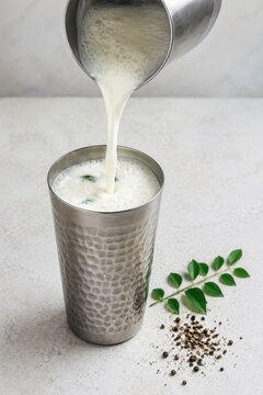 Whisked buttermilk drink poured into a tall steel tumbler