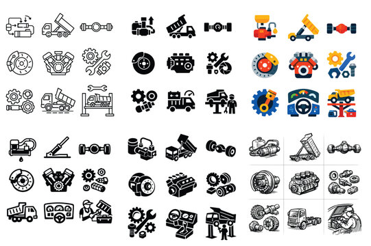 Construction and automotive concept icons with dump truck, engine and gear for infographic design in outline style