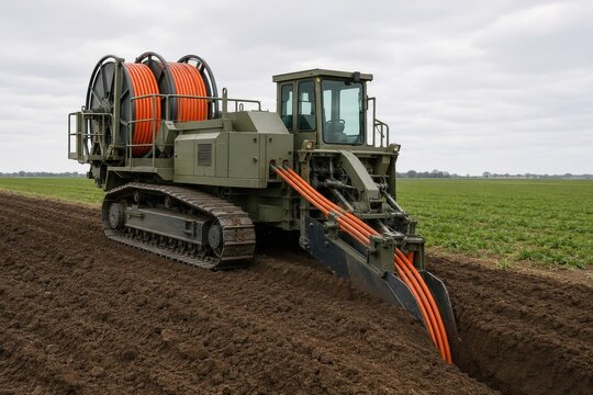 Cable laying plough trailing conduit into a fresh trench