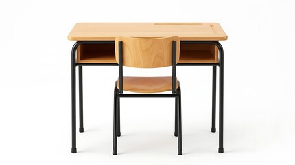 Fototapeta premium A wooden desk and chair with a black metal frame isolated on a white background with student desk matching frame placed against minimalist