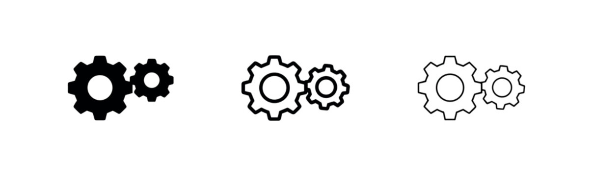 Interlocking gears or cogs cooperation icon in a set of three styles, symbolizing teamwork and mechanism