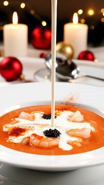 Creamy Seafood Bisque Being Prepared with Fresh Prawns and Caviar for a Festive Holiday Dinner Celebration