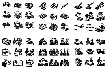 Fototapeta premium Neurosurgery and medical operation concept icons with surgeon, brain scan and tools for healthcare infographic in solid black design style