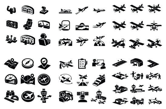 Aviation and airport icon set with airplane, control tower, and runway for web design in solid style
