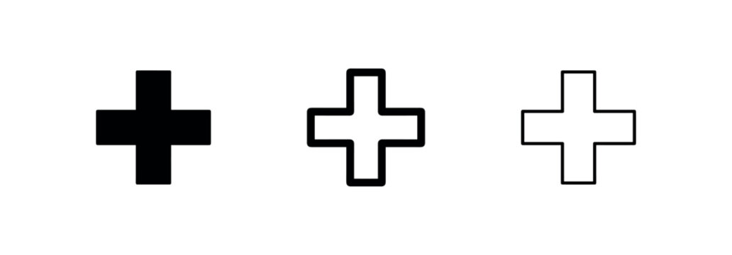 Plus sign icon set. Add, create, or positive symbol in solid, thick, and outline styles.