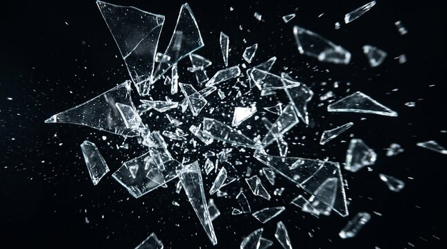 Broken glass shards flying after impact on black background