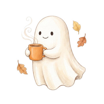 Cute Halloween Ghost Holding a Hot Drink with Autumn Leaves