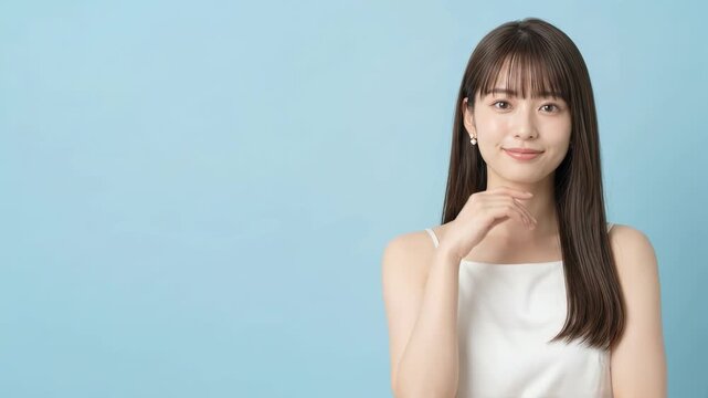 頬に手を添えて笑顔を見せる素肌のきれいな女性