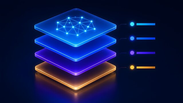 3D isometric layered technology stack concept with glowing network mesh and digital interface elements representing data architecture and machine learning.