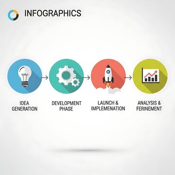 Colorful Business Process Infographic Showing Idea Development Launch and Analysis Steps