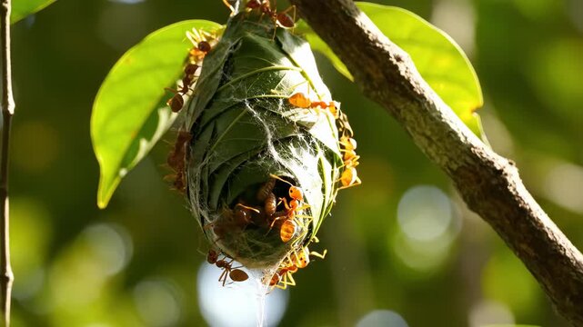 Weaver ants construct a suspended nest high in a tree