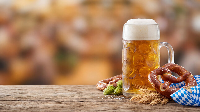 Cold beer mug with pretzel and hops on wooden table
