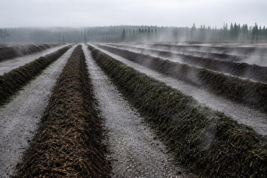 Long windrows of green waste steaming at a composting site