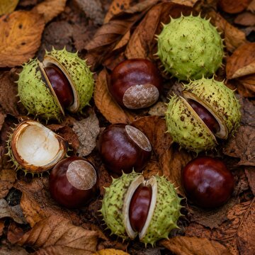 Glossy conkers spilling from split spiky husks on fallen leaves