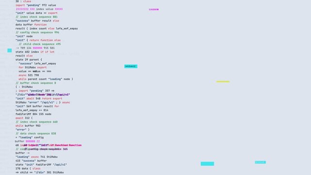 Computer terminal code scrolling on white background with digital glitches and colorful syntax highlighting for software development themes.
