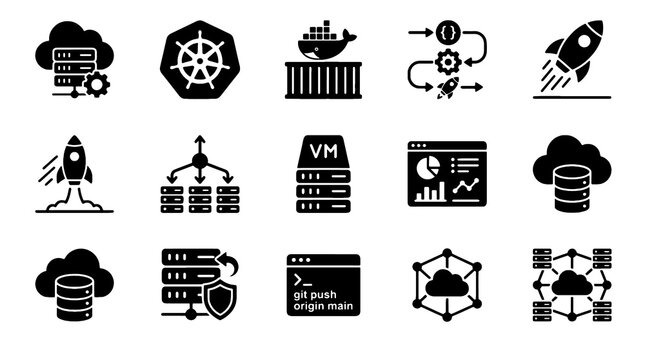 Cloud Computing DevOps Server and Container Technology Icon Set