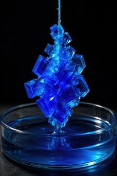 Blue copper sulfate crystals grown on a thread above a glass dish