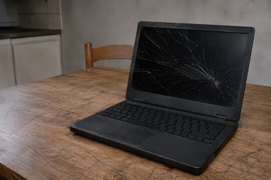 Old laptop with a cracked screen on a bare kitchen table