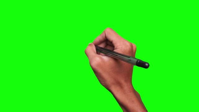 Hand Holding a Pen and Writing Motion on a Green Screen Background