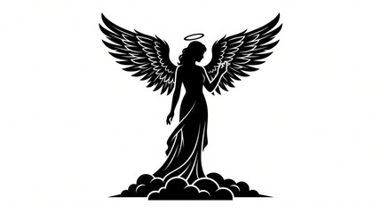 Fototapeta premium Black silhouette of a beautiful female angel with halo standing on clouds vector illustration